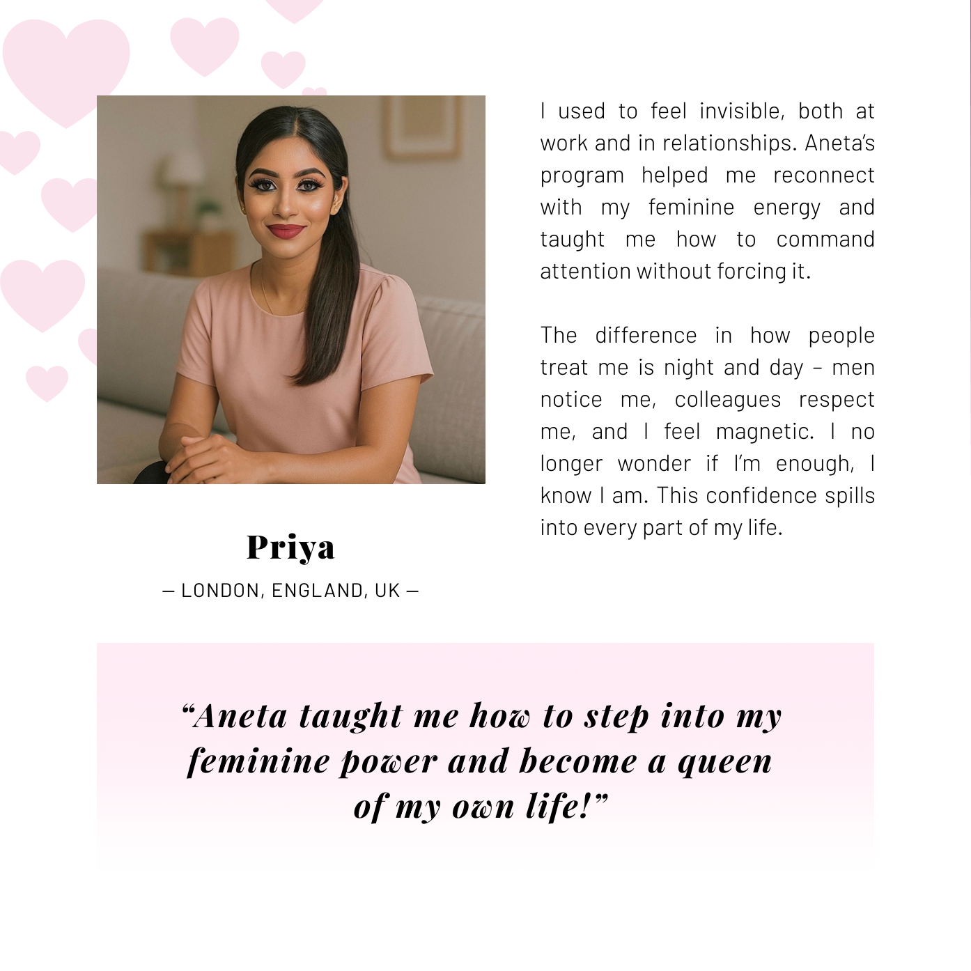 Woman on white-pink background giving Aneta Mildiani Relationship testimonial.