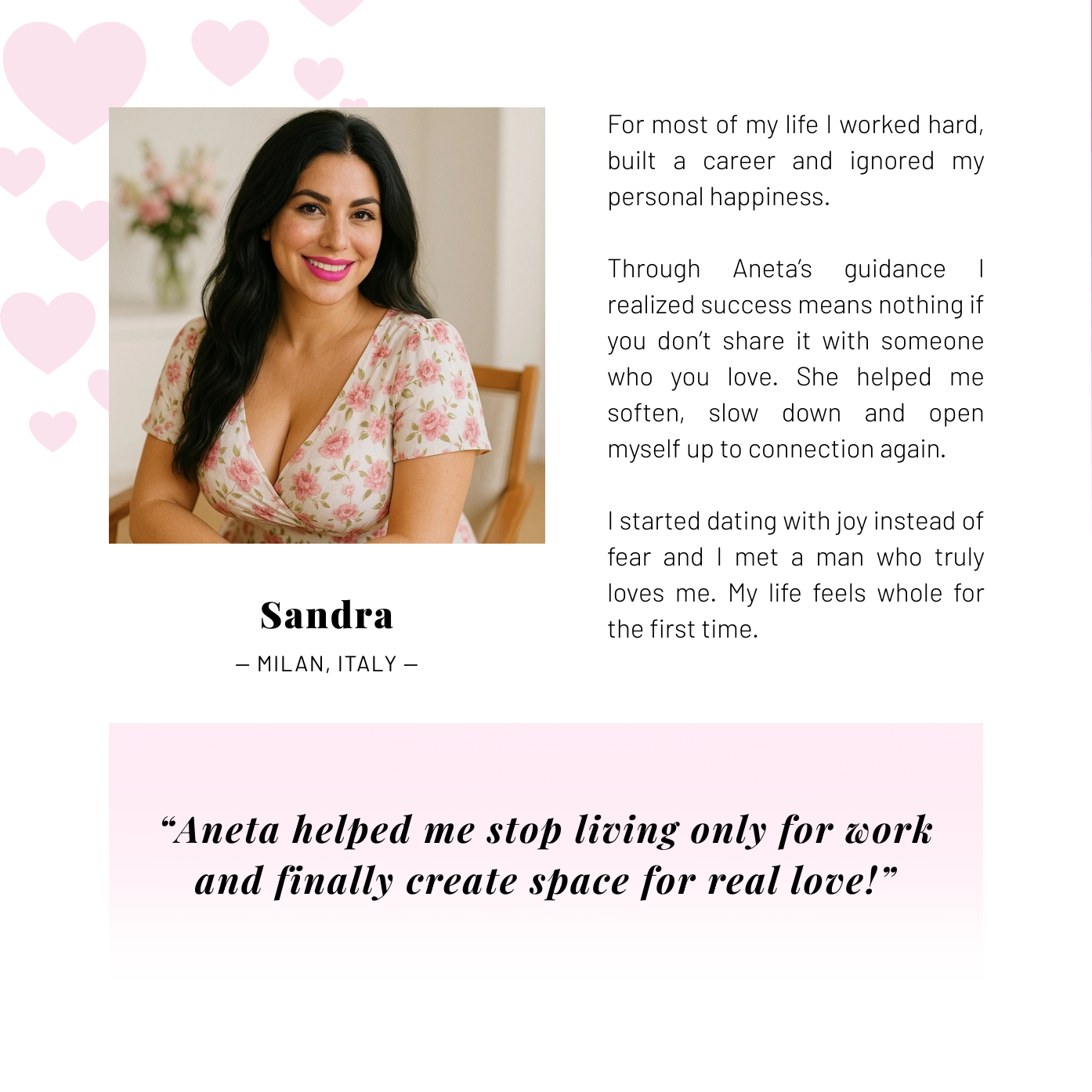 Woman on white-pink background giving Aneta Mildiani Relationship testimonial.