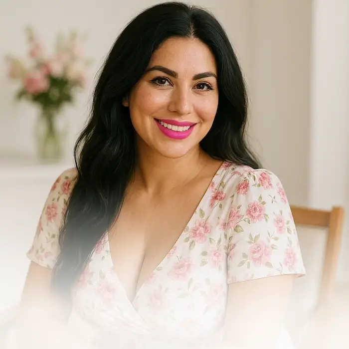 Woman on white-pink background giving Aneta Mildiani Relationship testimonial.