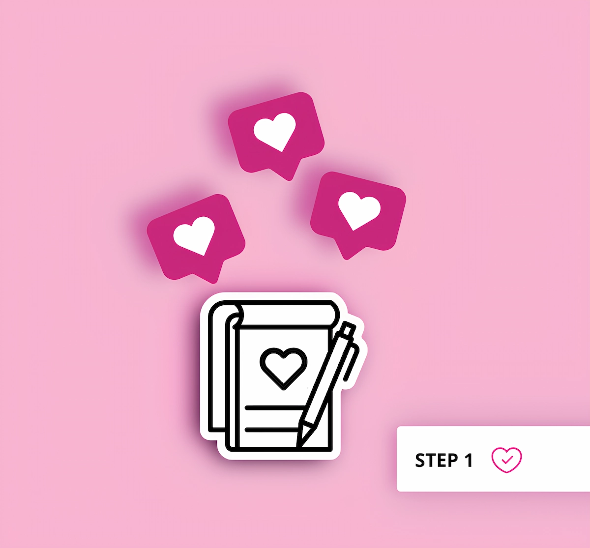 Graphic for Aneta Mildiani's coaching Step 1, with a notebook, pen, and pink 'like' bubbles. A 'STEP 1' badge is in the corner.