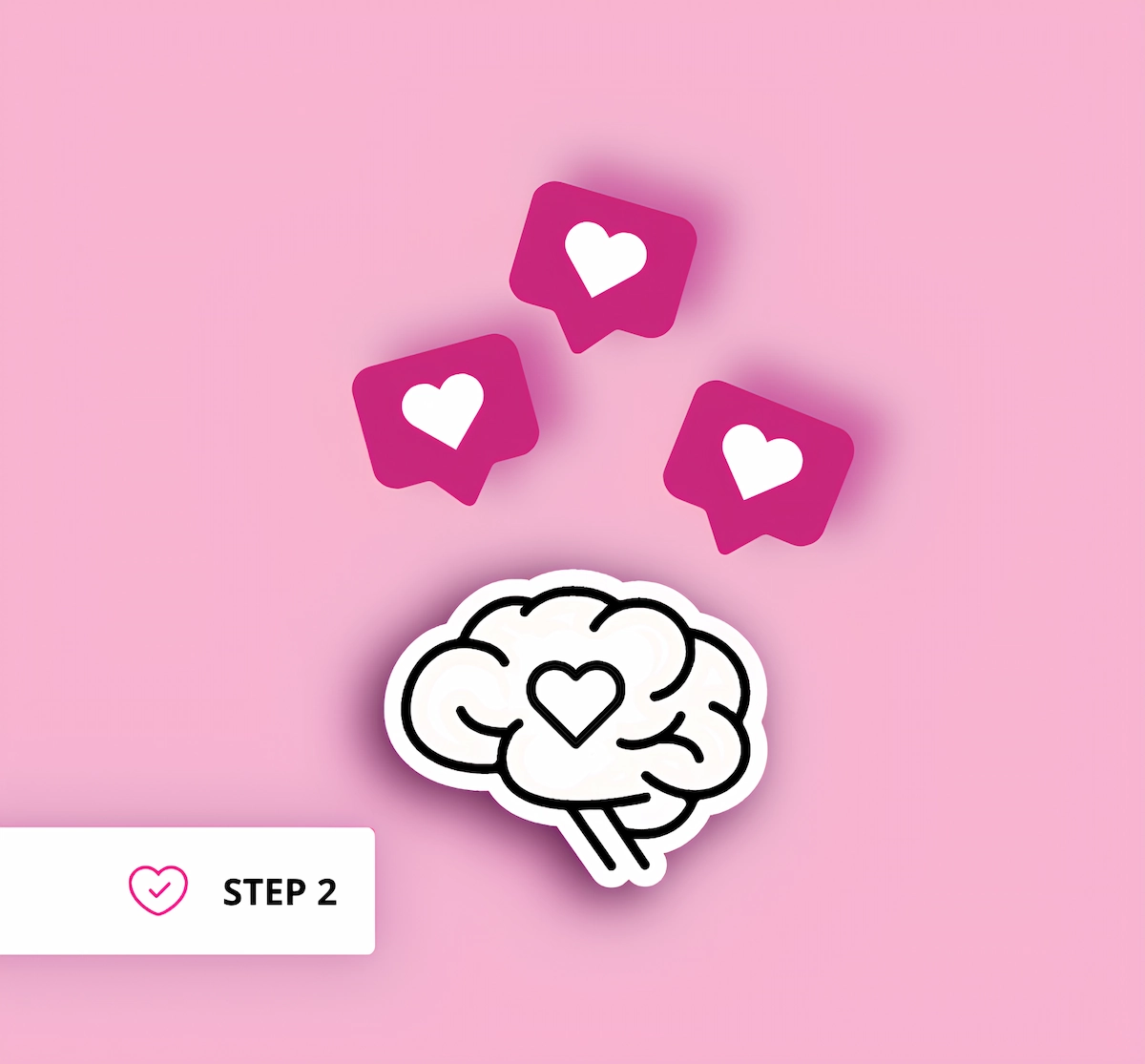 A graphic for Aneta Mildiani's coaching Step 2. Features a stylized brain with a heart inside, and three pink 'like' bubbles floating above it. A 'STEP 2' badge is in the corner. This image represents the coaching phase focused on mindset, inner work, and self-love.