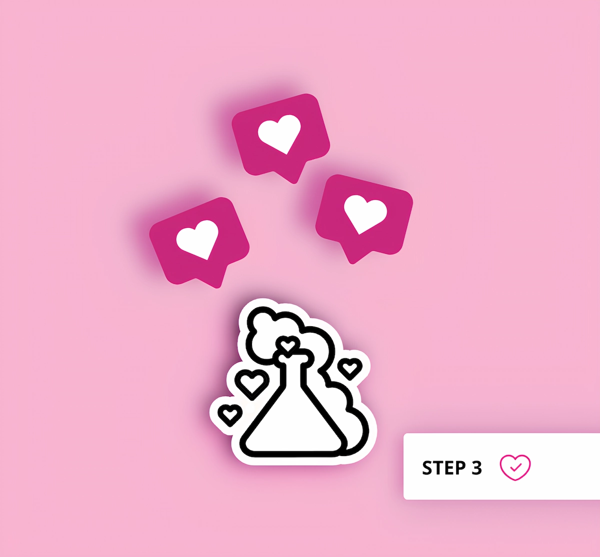 A graphic for Aneta Mildiani's coaching Step 3. It features a stylized lab flask with hearts, three pink 'like' bubbles floating above it, and a 'STEP 3' badge.