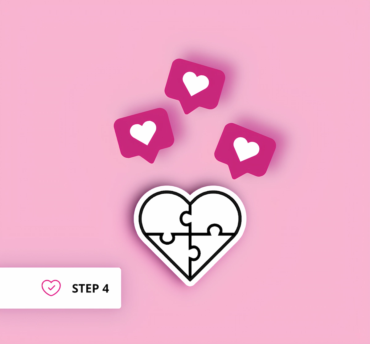 A graphic for Aneta Mildiani's coaching Step 4. It features a heart made of four puzzle pieces, three pink 'like' bubbles floating above it, and a 'STEP 4' badge.