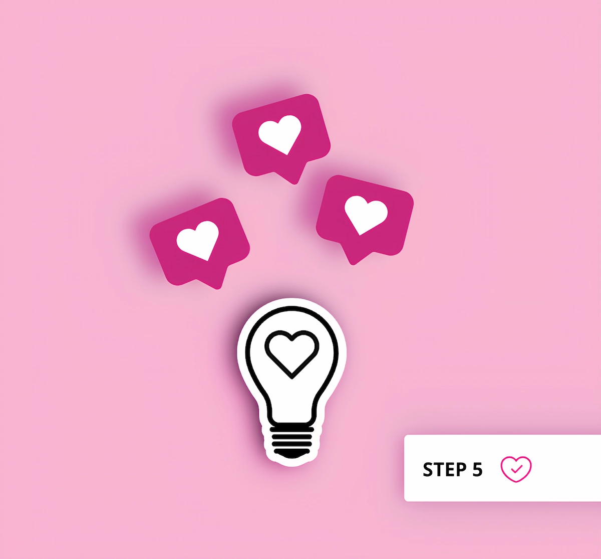 A graphic for Aneta Mildiani's coaching Step 5. It features a stylized lightbulb with a heart inside, three pink 'like' bubbles floating above it, and a 'STEP 5' badge.