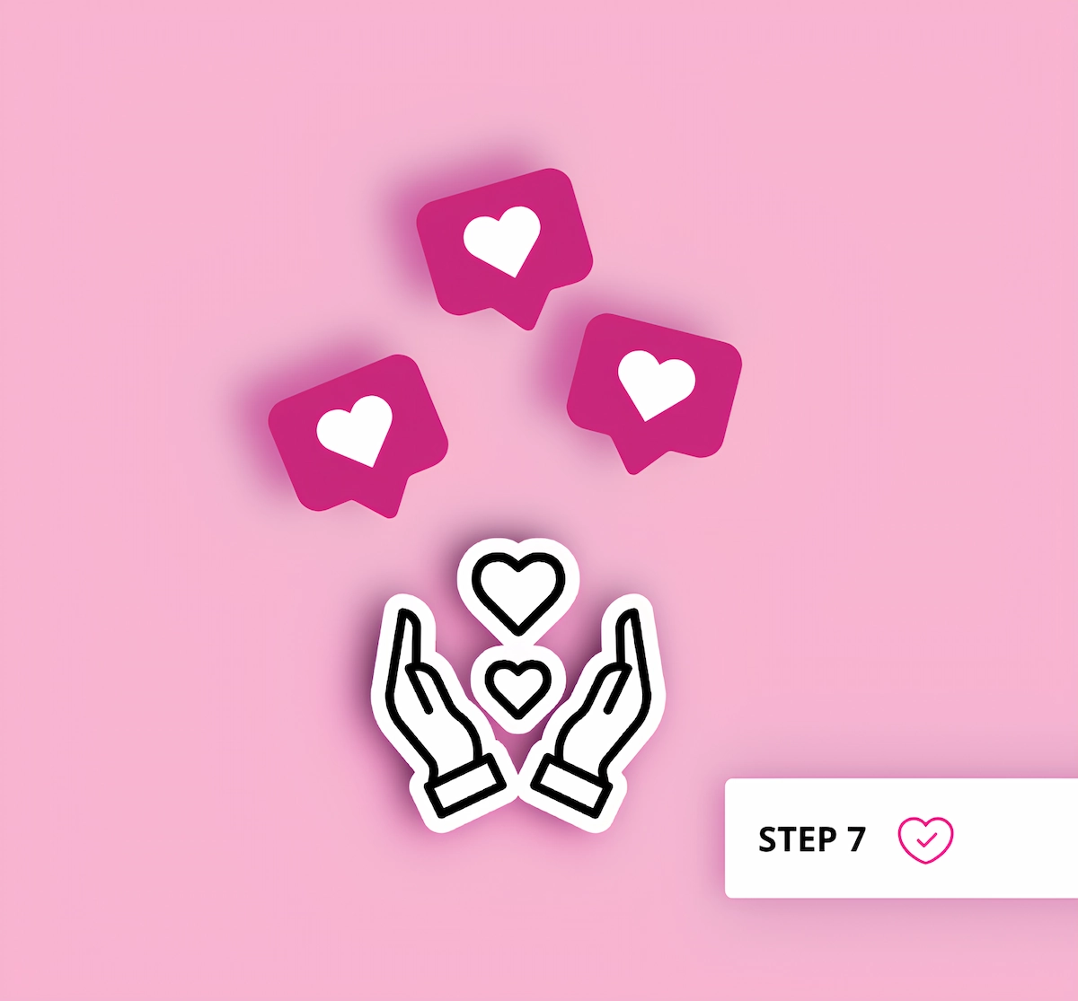 A graphic for Aneta Mildiani's coaching Step 7. It features a pair of hands holding a group of hearts, three pink 'like' bubbles floating above it, and a 'STEP 7' badge.