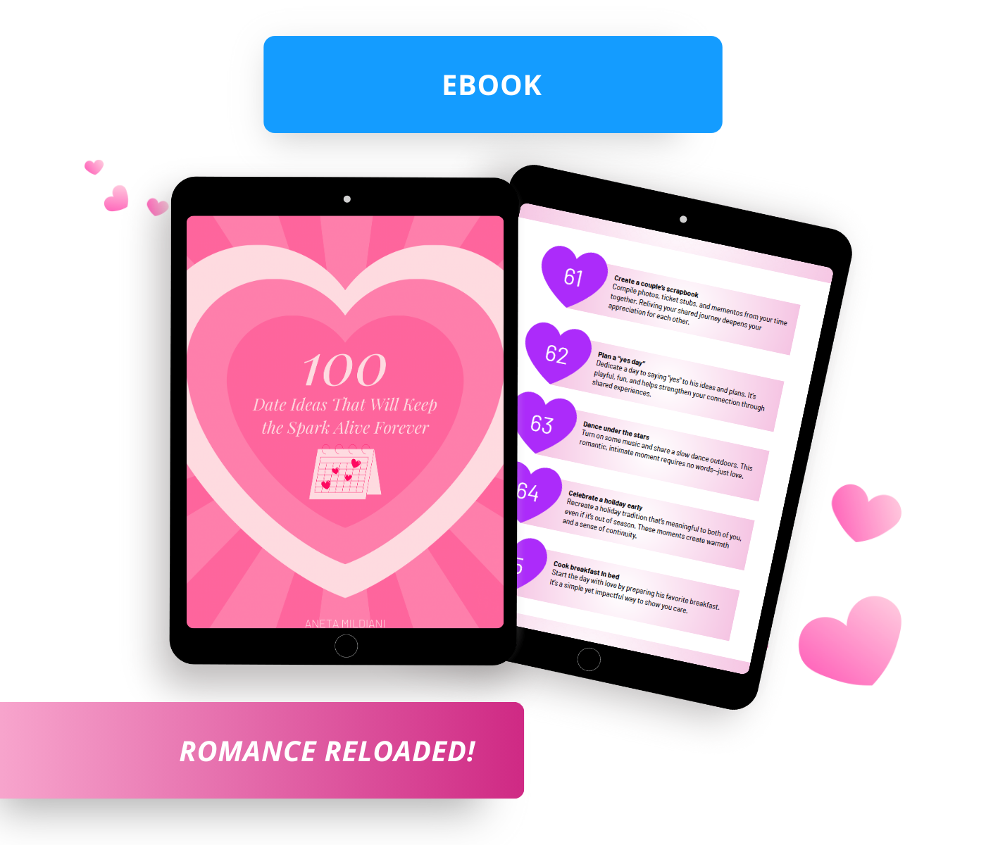 A book mockup showing two tablets. The tablet on the left displays the cover of Aneta Mildiani's eBook, '100 Date Ideas That Will Keep the Spark Alive Forever', with a calendar icon and a large pink heart. The tablet on the right shows an inside page with sample date ideas, such as 'Create a couple’s scrapbook' and 'Dance under the stars,' which are key concepts for women looking to strengthen their relationship.