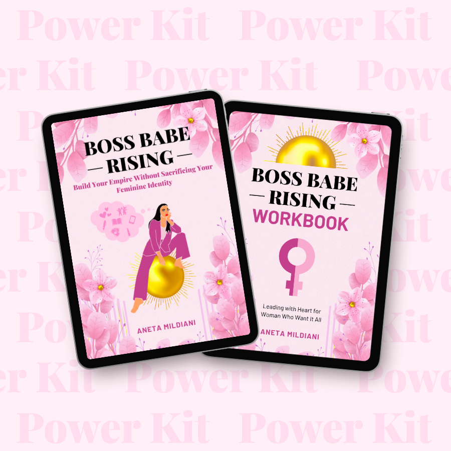 Power Kit cover mockup on an exclusive pink background. Title: 'Boss Babe Rising: Build Your Empire Without Sacrificing Your Feminine Identity'. Author: Aneta Mildiani. The guide to embracing femininity while building an empire and nurturing love.