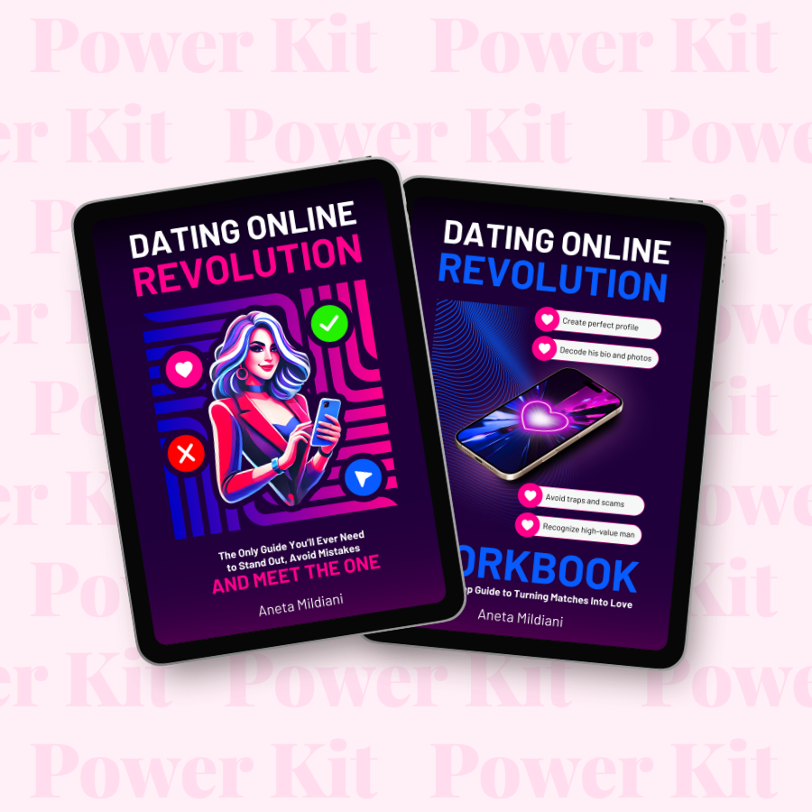 Power Kit cover mockup on an exclusive pink background. Title: 'Dating Online Revolution: The Only Guide You’ll Ever Need to Stand Out, Avoid Mistakes and Meet the One'. Author: Aneta Mildiani. Essential reading for women looking for their true love partner.