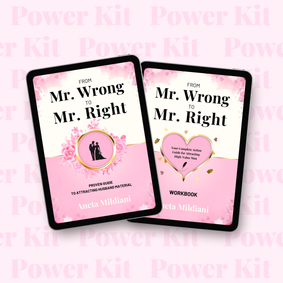 Power Kit cover mockup on an exclusive pink background. Title: 'From Mr. Wrong to Mr. Right: The Proven Guide to Attracting Husband Material'. Author: Aneta Mildiani. The definitive guide for women seeking serious love and commitment.