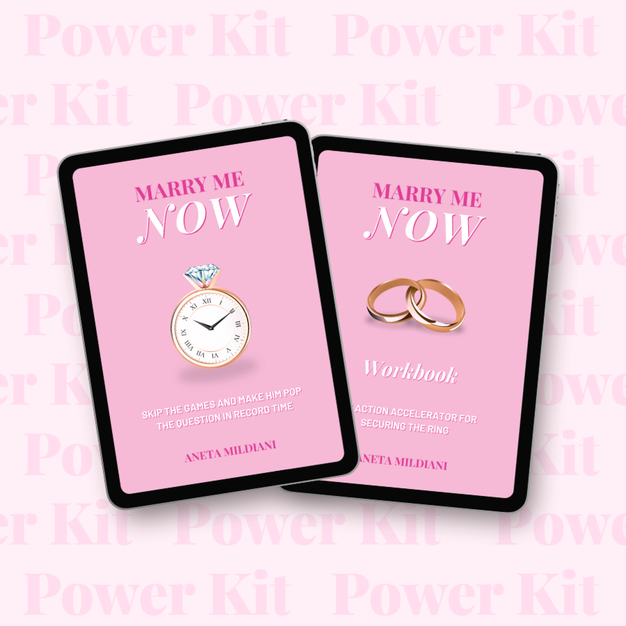 Power Kit cover mockup on an exclusive pink background. Title: 'Marry Me Now: Skip the Games and Make Him Pop the Question in Record Time'. Author: Aneta Mildiani. The ultimate resource for securing commitment and true love.