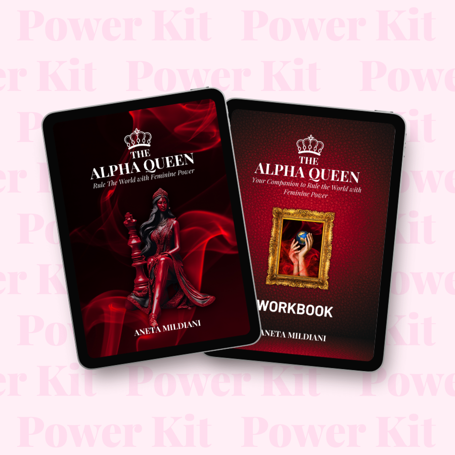 Power Kit cover mockup on an exclusive pink background. Title: 'The Alpha Queen: Rule The World with Feminine Power'. Author: Aneta Mildiani. Essential reading for women embracing their inherent power for love and leadership.