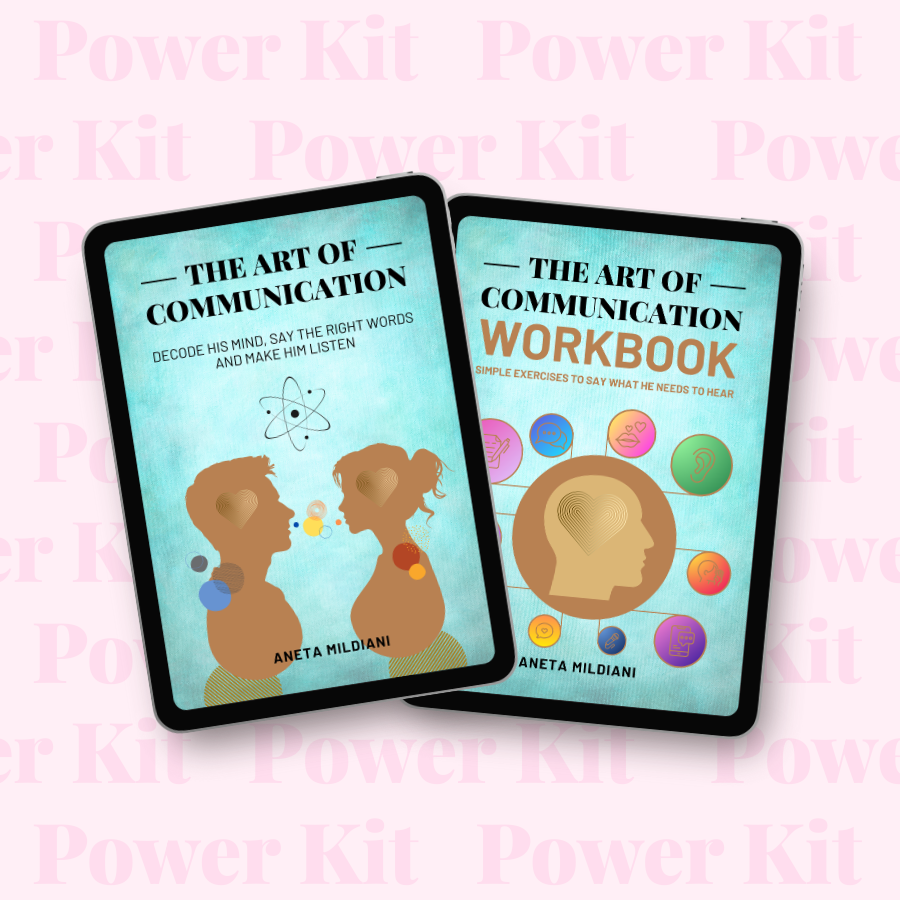 Power Kit cover mockup on an exclusive pink background. Title: 'The Art of Communication: Decode His Mind, Say the Right Words and Make Him Listen'. Author: Aneta Mildiani. The definitive guide to achieving mutual respect and love through talking.