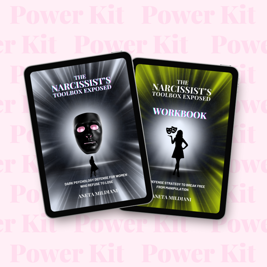 Power Kit cover mockup on an exclusive pink background. Title: 'The Narcissist’s Toolbox Exposed: Dark Psychology Defense for Women Who Refuse to Lose'. Author: Aneta Mildiani. The guide to breaking free and embracing self-love and stability.