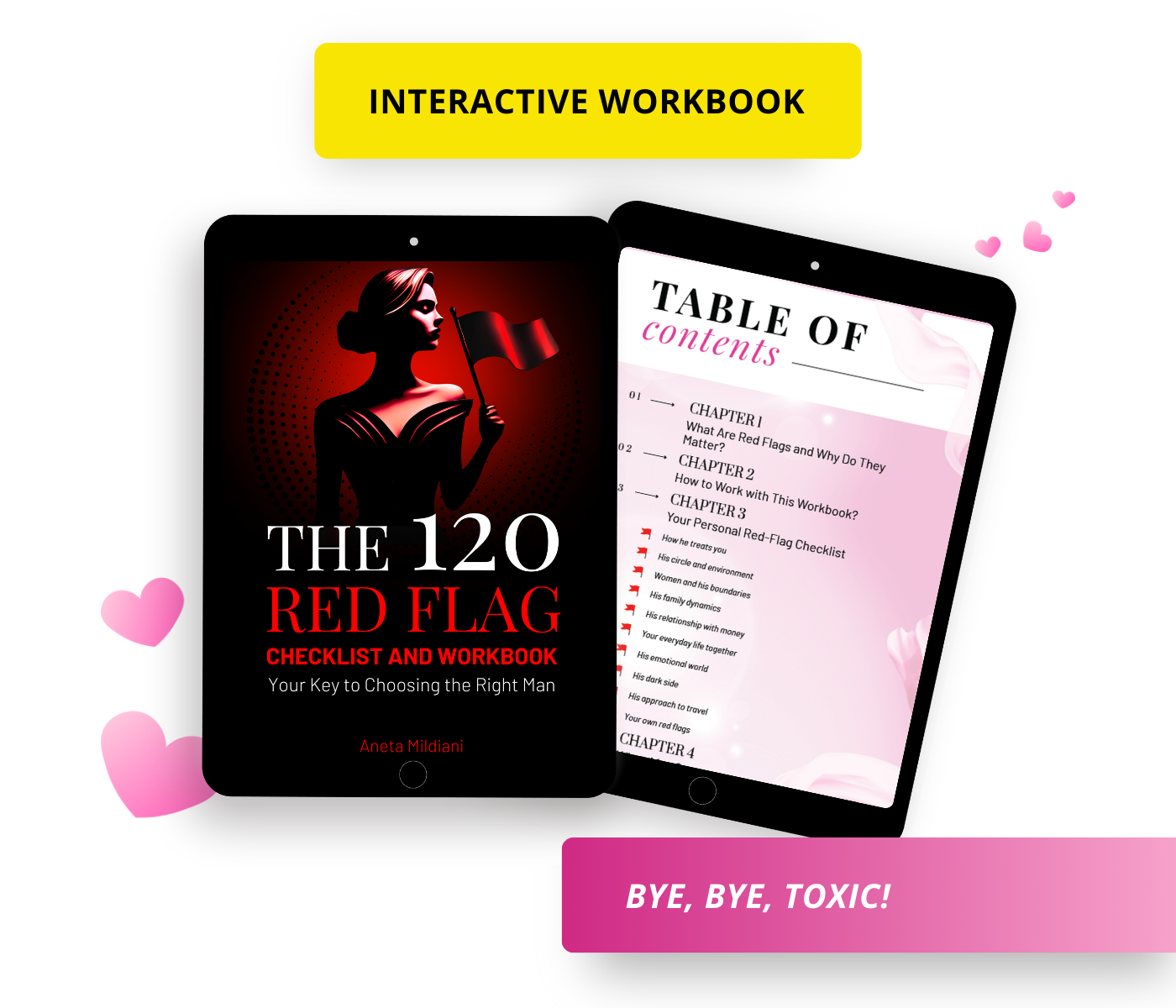 A modern book mockup featuring two tablets. The tablet on the left displays the cover of 'The 120 Red Flag Checklist and Workbook' by Aneta Mildiani, showing a woman holding a red flag. The tablet on the right shows a page from the workbook's table of contents, listing chapters like 'His Circle and Environment' and 'Women and his boundaries,' which are key topics for women seeking to build healthy relationships.