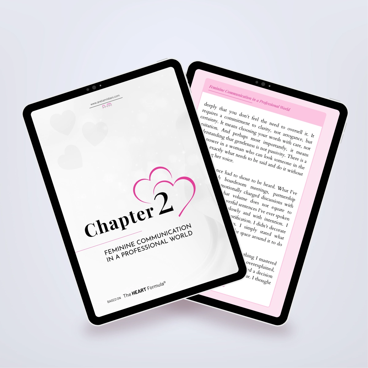 Pages from inside the ebook shown in a tablet mockup, featuring advice for high-achieving women. Title: 'Boss Babe Rising'. Author: Aneta Mildiani. Guidance on leveraging feminine power to achieve both career success and deep love.