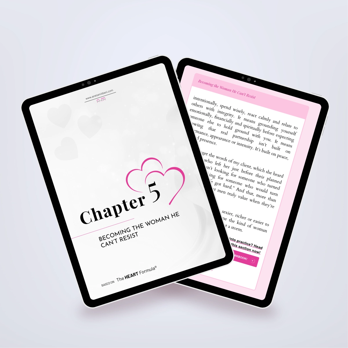 Pages from inside the ebook shown in a tablet mockup, outlining the steps to identify a committed man. Title: 'From Mr. Wrong to Mr. Right'. Author: Aneta Mildiani. Strategies for attracting a partner ready for deep, lasting love.