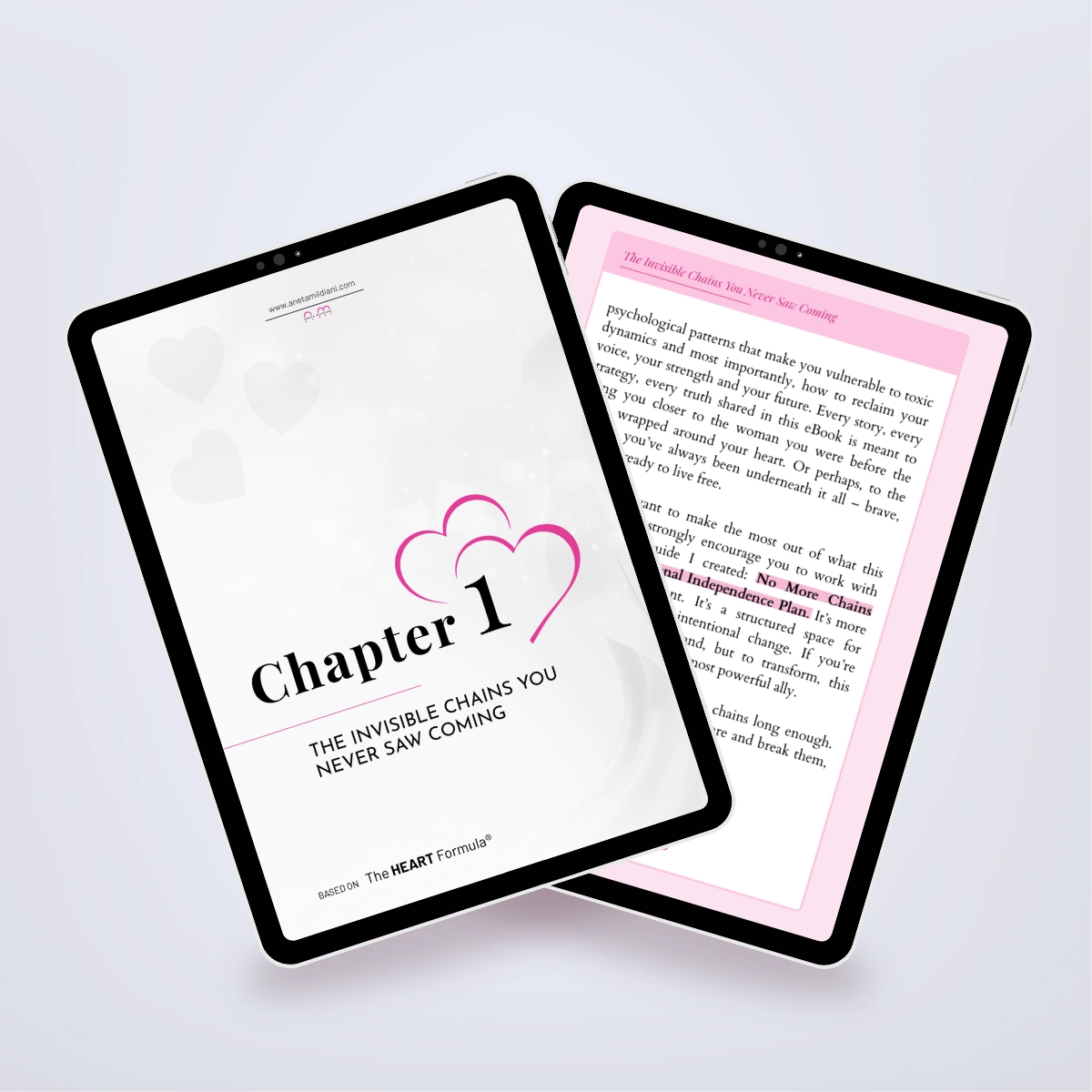 Pages from inside the ebook shown in a tablet mockup, detailing steps to overcome codependency. Title: 'No More Chains'. Author: Aneta Mildiani. Learn to build loving, balanced relationships without unhealthy emotional need.