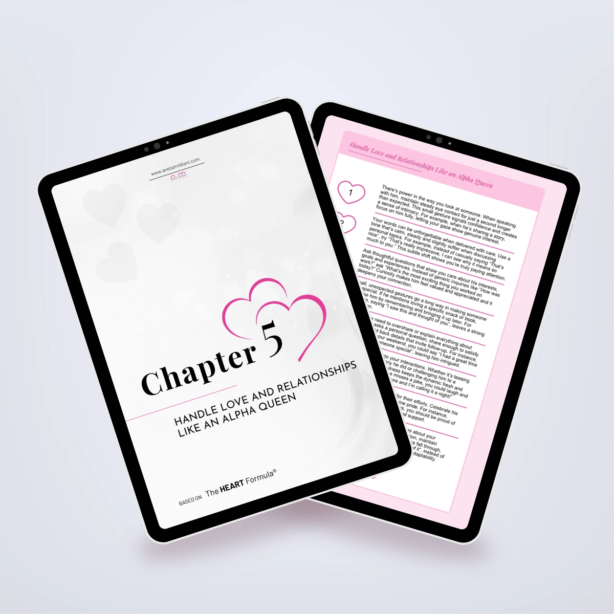 Pages from inside the ebook shown in a tablet mockup, featuring tips on feminine leadership and attraction. Title: 'The Alpha Queen'. Author: Aneta Mildiani. Strategies for using feminine energy to attract high-value, loving partners.