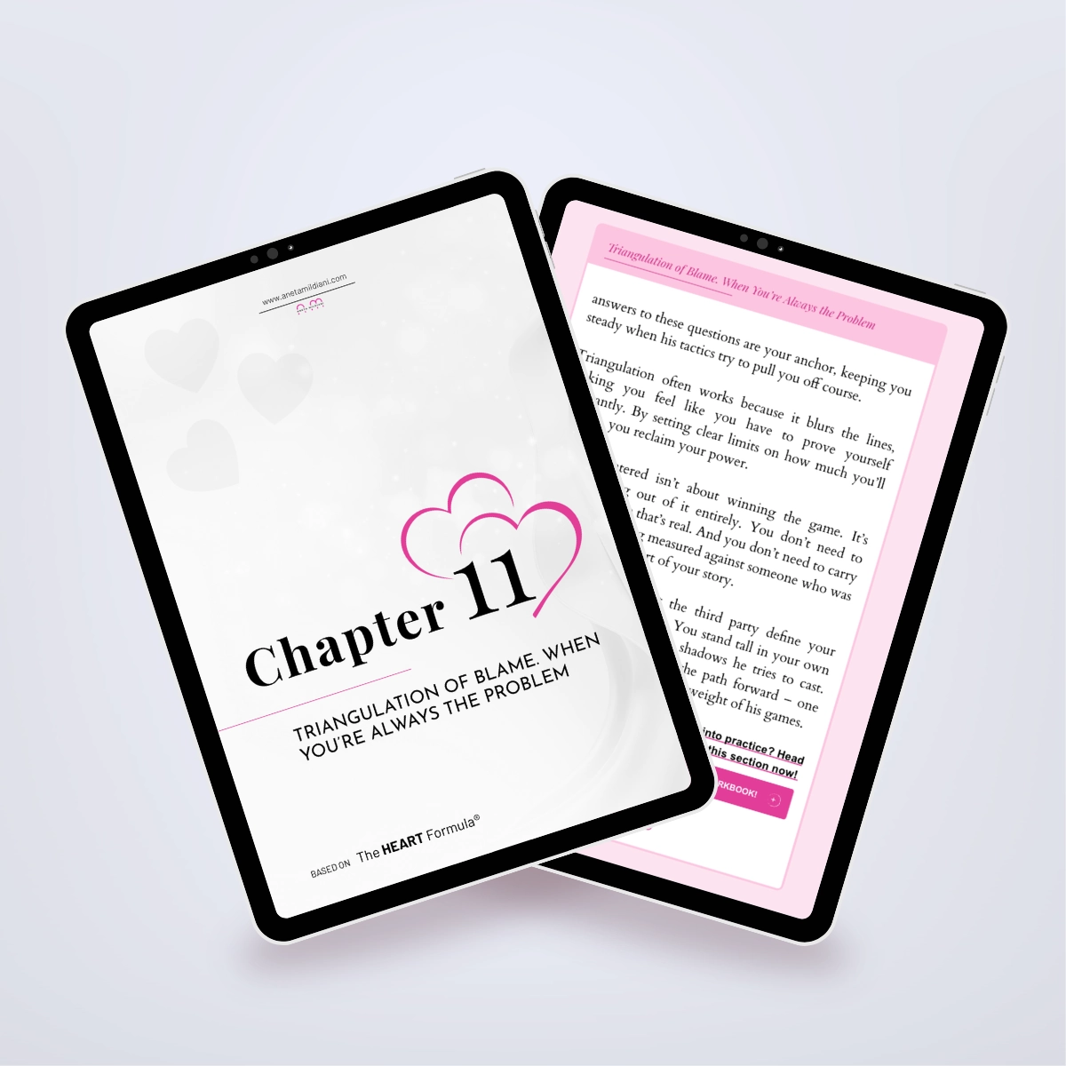 Pages from inside the ebook shown in a tablet mockup, detailing narcissistic tactics in relationships. Title: 'The Narcissist’s Toolbox Exposed'. Author: Aneta Mildiani. Essential reading for escaping unhealthy relationships and finding true love.