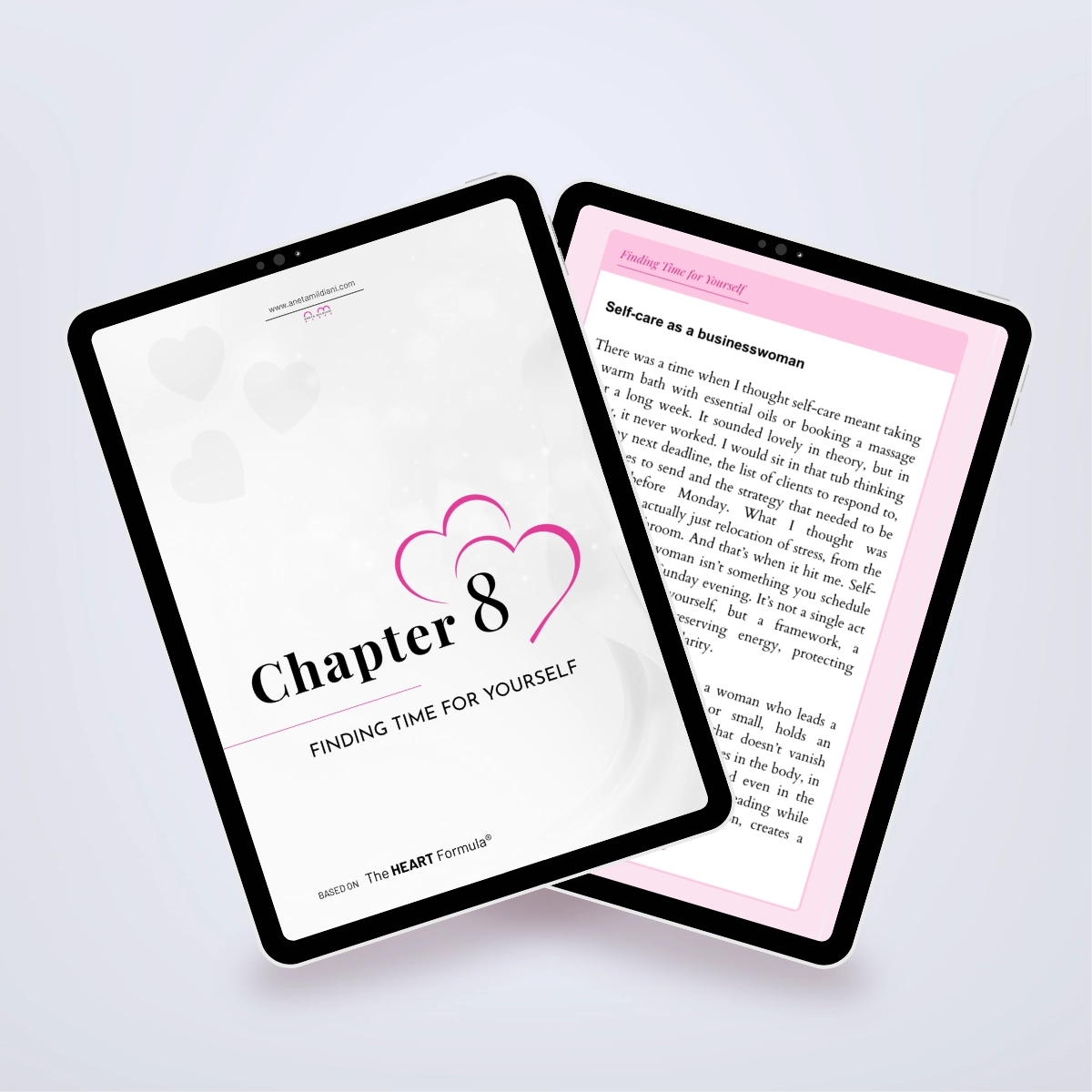 Additional internal pages of the ebook in a digital mockup, focused on professional and personal balance. Title: 'Build Your Empire Without Sacrificing Your Feminine Identity'. Author: Aneta Mildiani. Integrating traditional values with a drive for success and loving relationships.