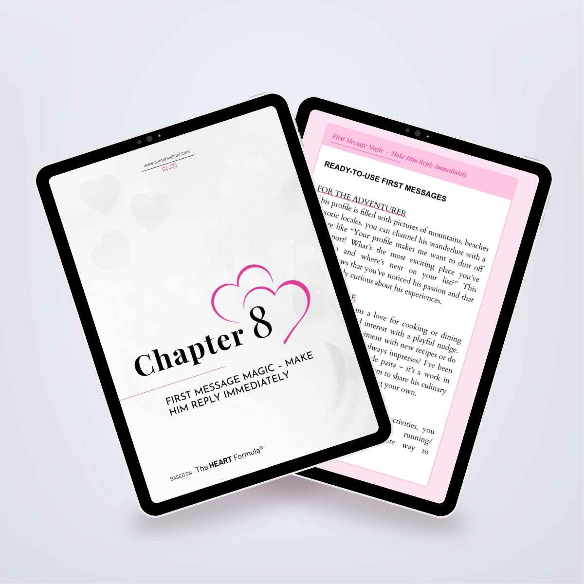 Additional internal pages of the ebook in a digital mockup, detailing common online dating mistakes. Title: 'Avoid Mistakes and Meet the One'. Author: Aneta Mildiani. Expert strategies for women seeking a committed, loving relationship.