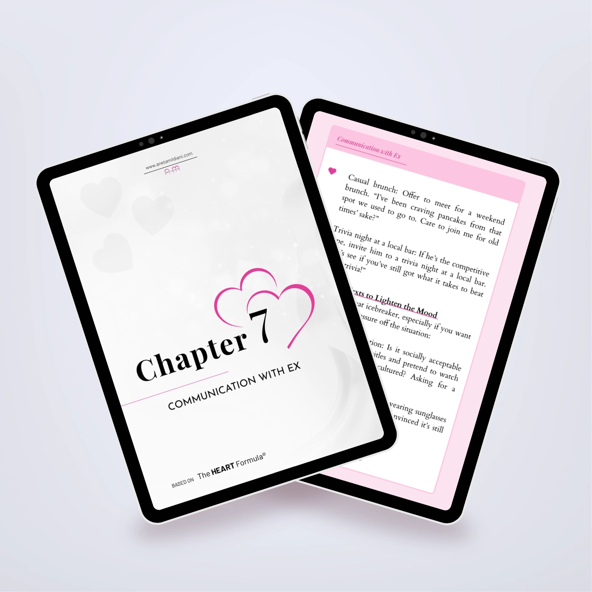 Additional internal pages of the ebook in a digital mockup, focusing on getting back your ex. Title: 'The Ultimate Guide to Getting Back Your Ex in 30 Days'. Author: Aneta Mildiani. Expert advice on securing a loving, committed partnership.