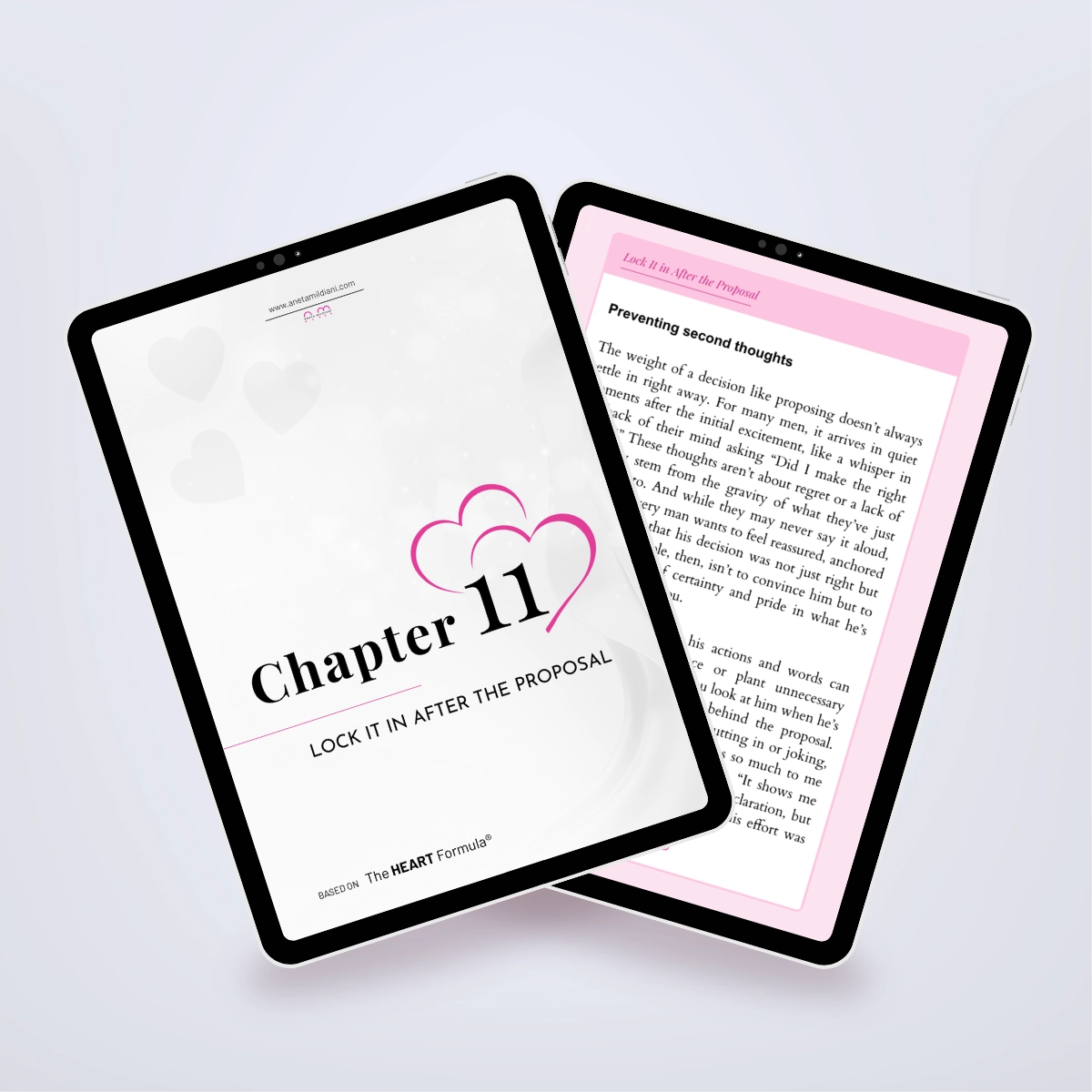 Additional internal pages of the ebook in a digital mockup, focused on getting an engagement ring. Title: 'Make Him Pop the Question in Record Time'. Author: Aneta Mildiani. Expert relationship coaching for women ready for lifelong love.