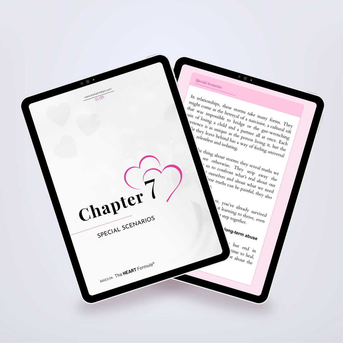 Additional internal pages of the ebook in a digital mockup, focused on post-breakup transformation. Title: 'Transform the Pain of a Broken Heart into Power'. Author: Aneta Mildiani. Expert guidance for recovering and moving towards a loving future.