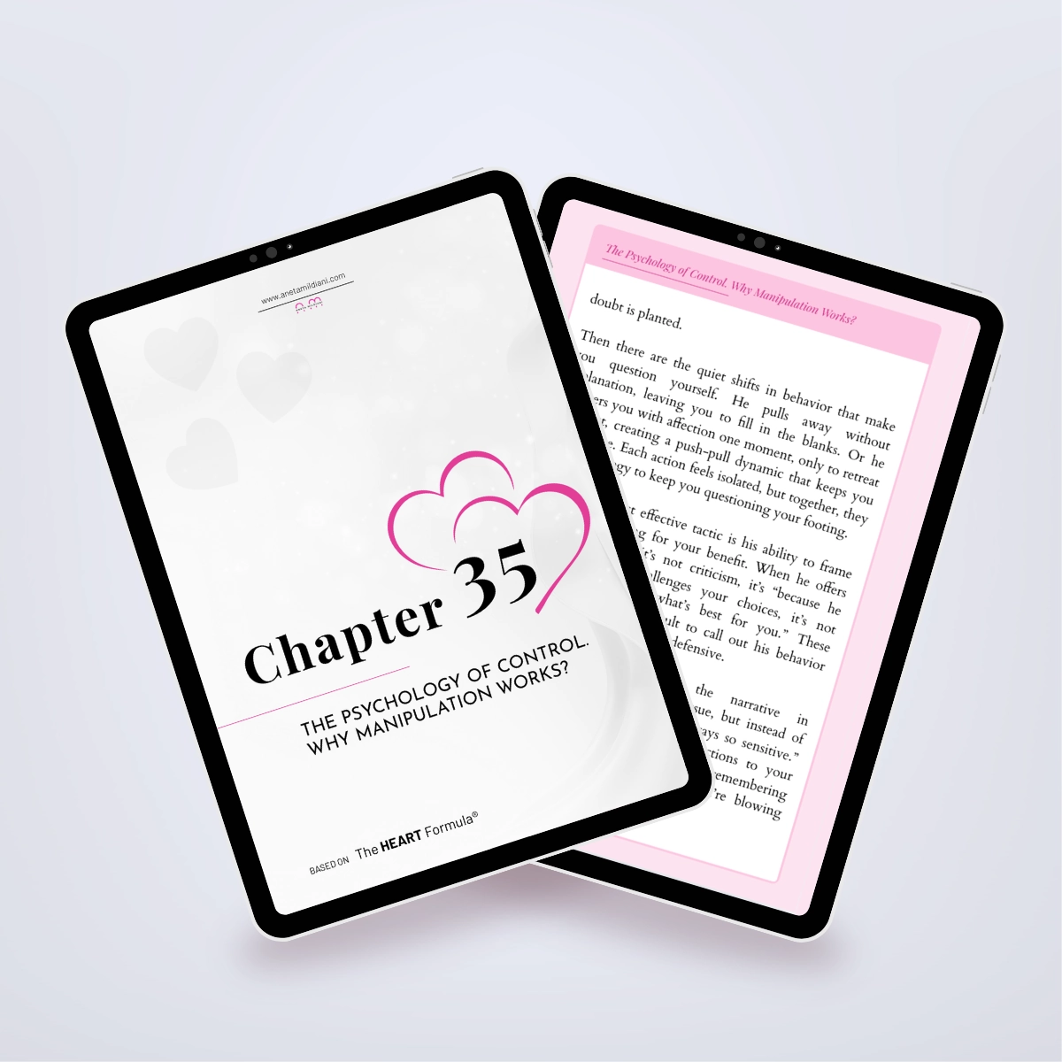 Pages from inside the ebook shown in a tablet mockup, detailing narcissistic tactics in relationships. Title: 'The Narcissist’s Toolbox Exposed'. Author: Aneta Mildiani. Essential reading for escaping unhealthy relationships and finding true love.