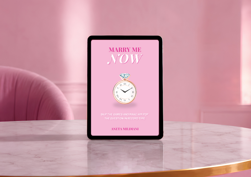 Ebook cover mockup on an exclusive pink background. Title: 'Marry Me Now: Skip the Games and Make Him Pop the Question in Record Time'. Author: Aneta Mildiani. The ultimate resource for securing commitment and true love.