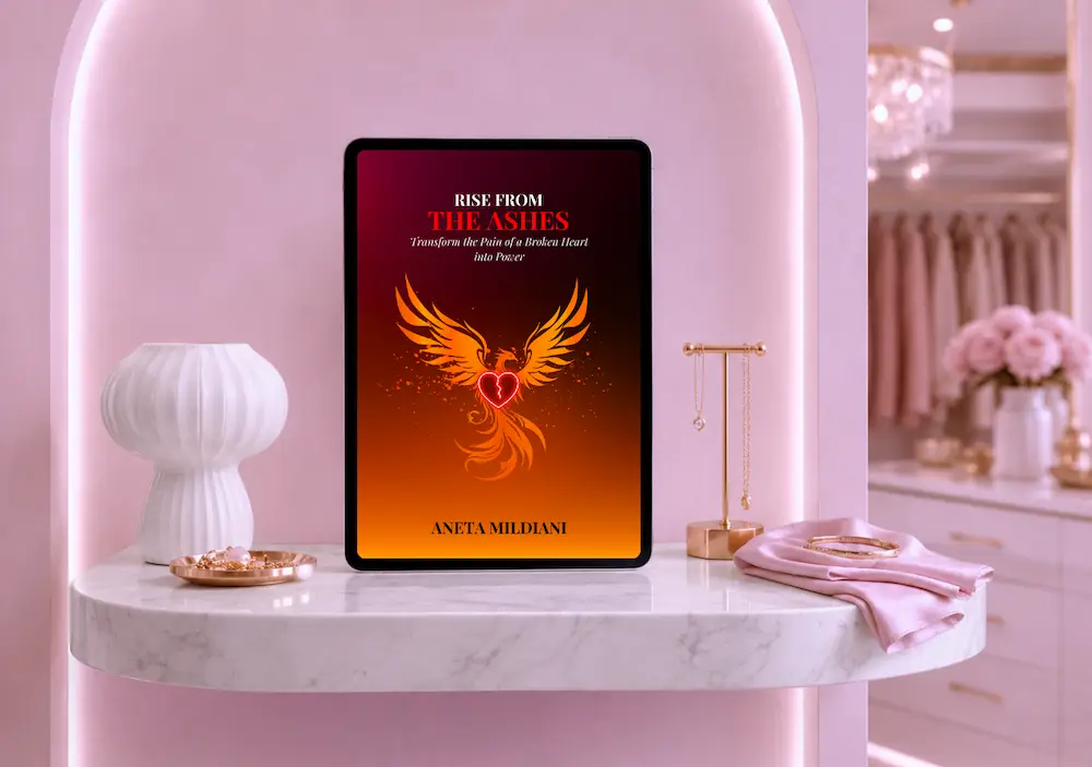 Ebook cover mockup on an exclusive pink background. Title: 'Rise from the Ashes'. Author: Aneta Mildiani. The definitive guide for women seeking serious love and commitment.