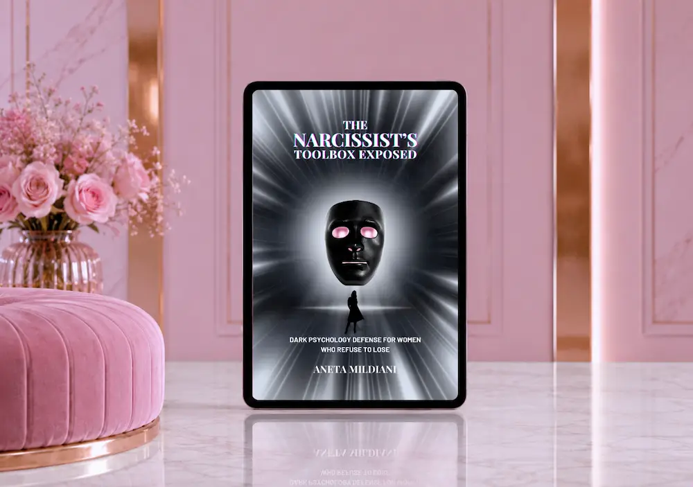 Ebook cover mockup on an exclusive pink background. Title: 'The Narcissist’s Toolbox Exposed: Dark Psychology Defense for Women Who Refuse to Lose'. Author: Aneta Mildiani. The guide to breaking free and embracing self-love and stability.