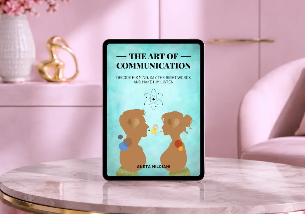 Ebook cover mockup on an exclusive pink background. Title: 'The Art of Communication'. Author: Aneta Mildiani.