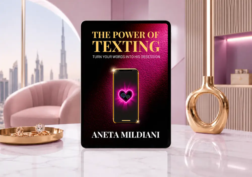 Ebook cover mockup on an exclusive pink background. Title: 'The Power of Texting'. Author: Aneta Mildiani. The definitive guide for women seeking serious love and commitment.