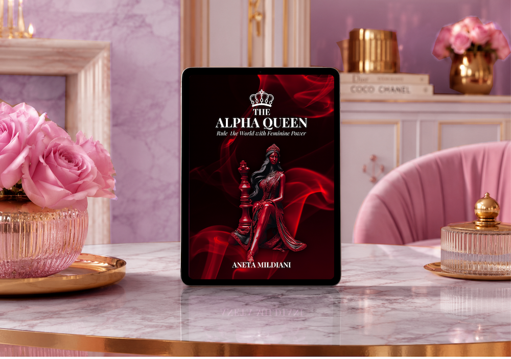 Ebook cover mockup on an exclusive pink background. Title: 'The Alpha Queen'. Author: Aneta Mildiani.