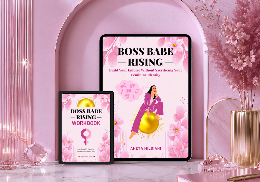 Ebook and workbook cover mockup on an exclusive pink background. Title: 'Boss Babe Rising'. Author: Aneta Mildiani. The definitive guide for women seeking serious love and commitment.