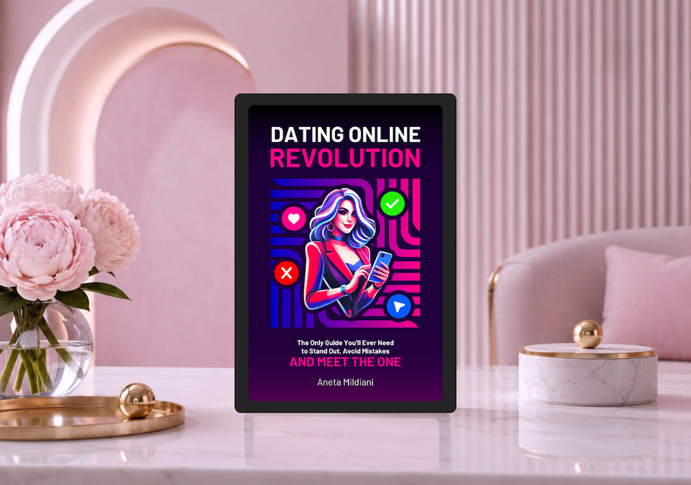 Ebook cover mockup on an exclusive pink background. Title: 'Dating Online Revolution'. Author: Aneta Mildiani. The definitive guide for women seeking serious love and commitment.