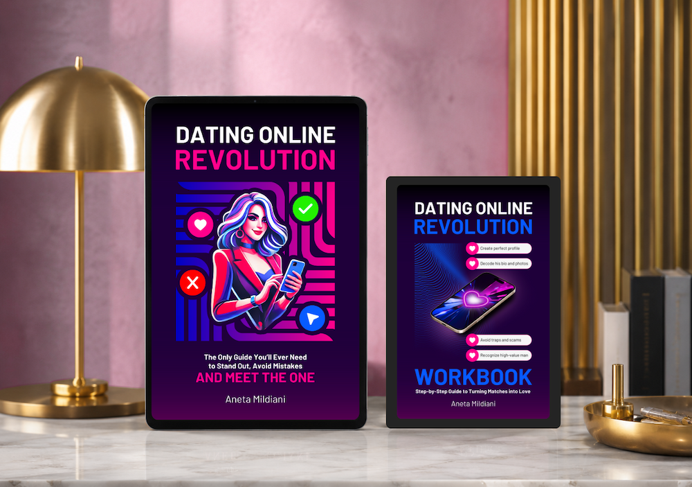 Ebook and workbook cover mockup on an exclusive pink background. Title: 'Dating Online Revolution'. Author: Aneta Mildiani. The definitive guide for women seeking serious love and commitment.