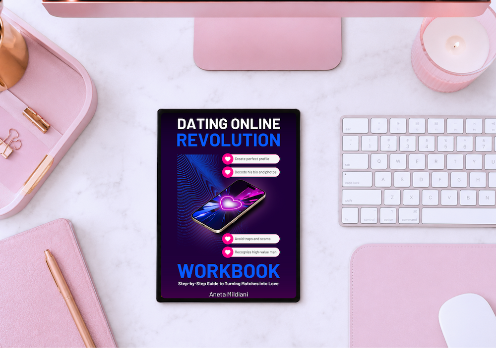 Workbook cover mockup on an exclusive pink background. Title: 'Dating Online Revolution'. Author: Aneta Mildiani. The definitive guide for women seeking serious love and commitment.
