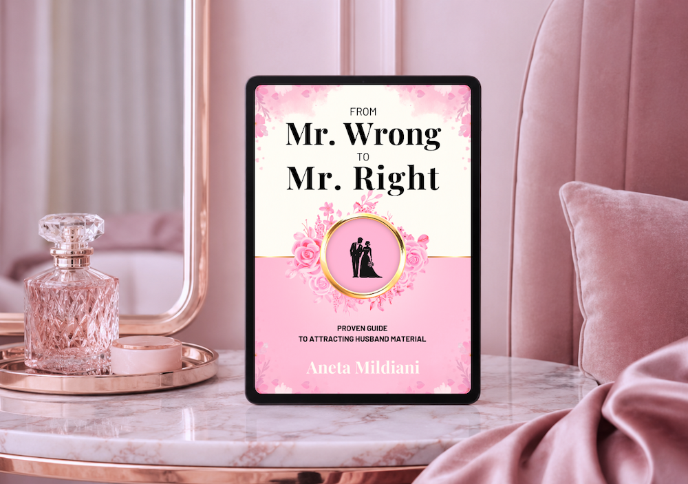 Ebook cover mockup on an exclusive pink background. Title: 'From Mr. Wrong to Mr. Right: The Proven Guide to Attracting Husband Material'. Author: Aneta Mildiani. The definitive guide for women seeking serious love and commitment.