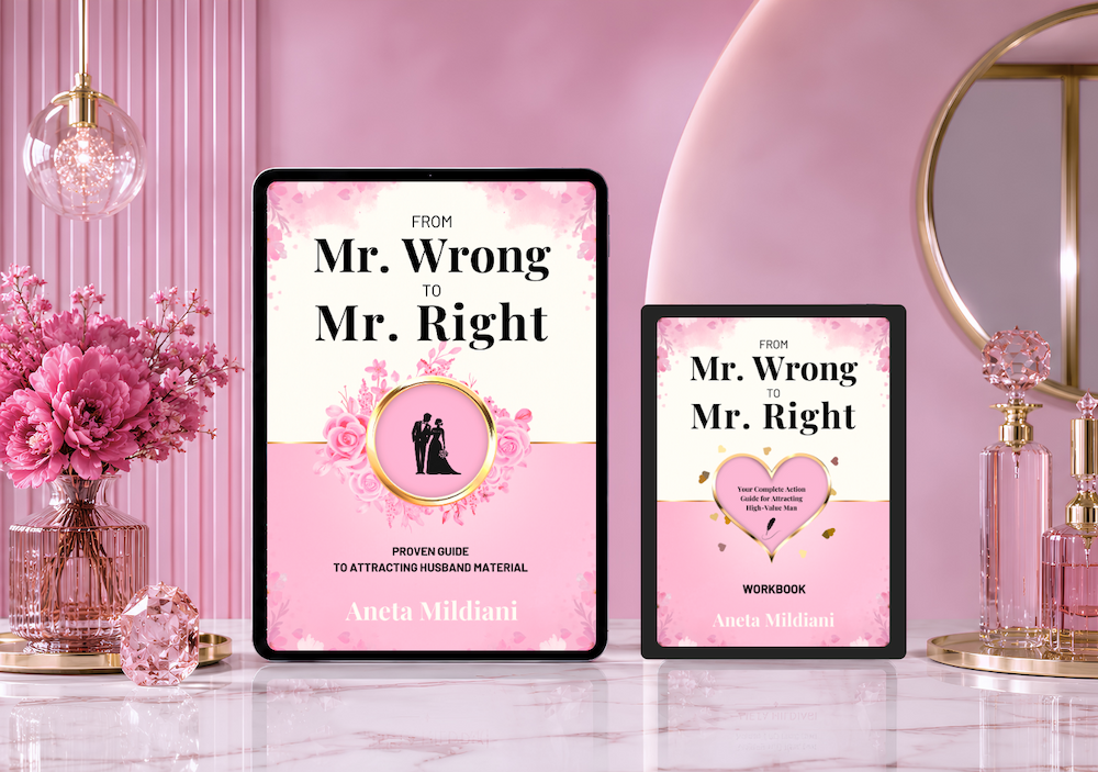 Workbook and ebook cover mockup on an exclusive pink background. Title: 'From Mr. Wrong to Mr. Right: The Proven Guide to Attracting Husband Material'. Author: Aneta Mildiani. The definitive guide for women seeking serious love and commitment.