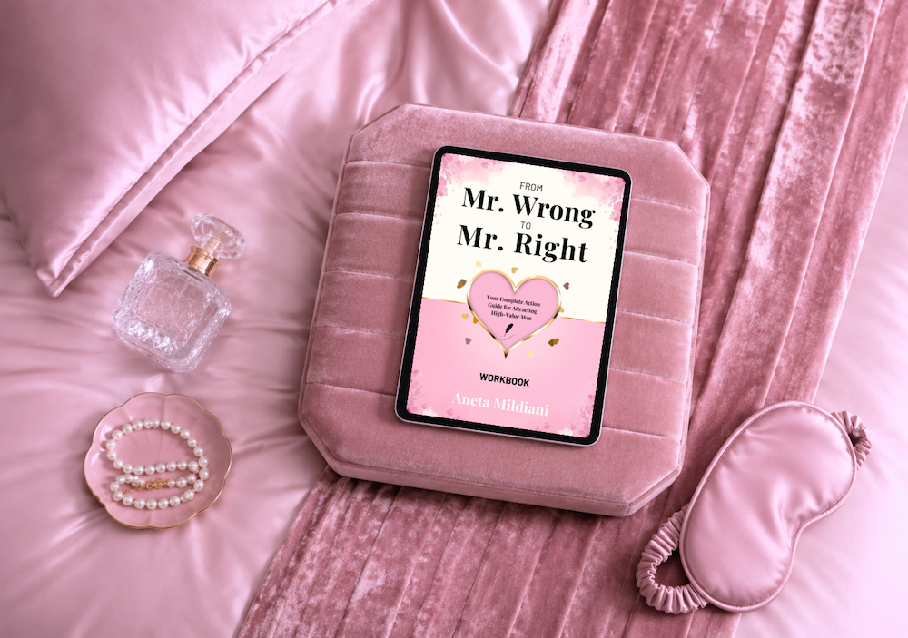 Workbook cover mockup on an exclusive pink background. Title: 'From Mr. Wrong to Mr. Right'. Author: Aneta Mildiani. The definitive guide for women seeking serious love and commitment.