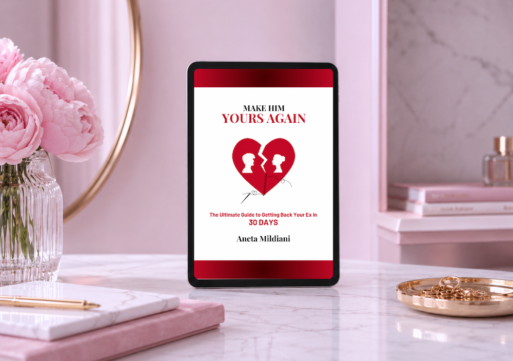 Ebook cover mockup on an exclusive pink background. Title: 'Make Him Yours Again'. Author: Aneta Mildiani.