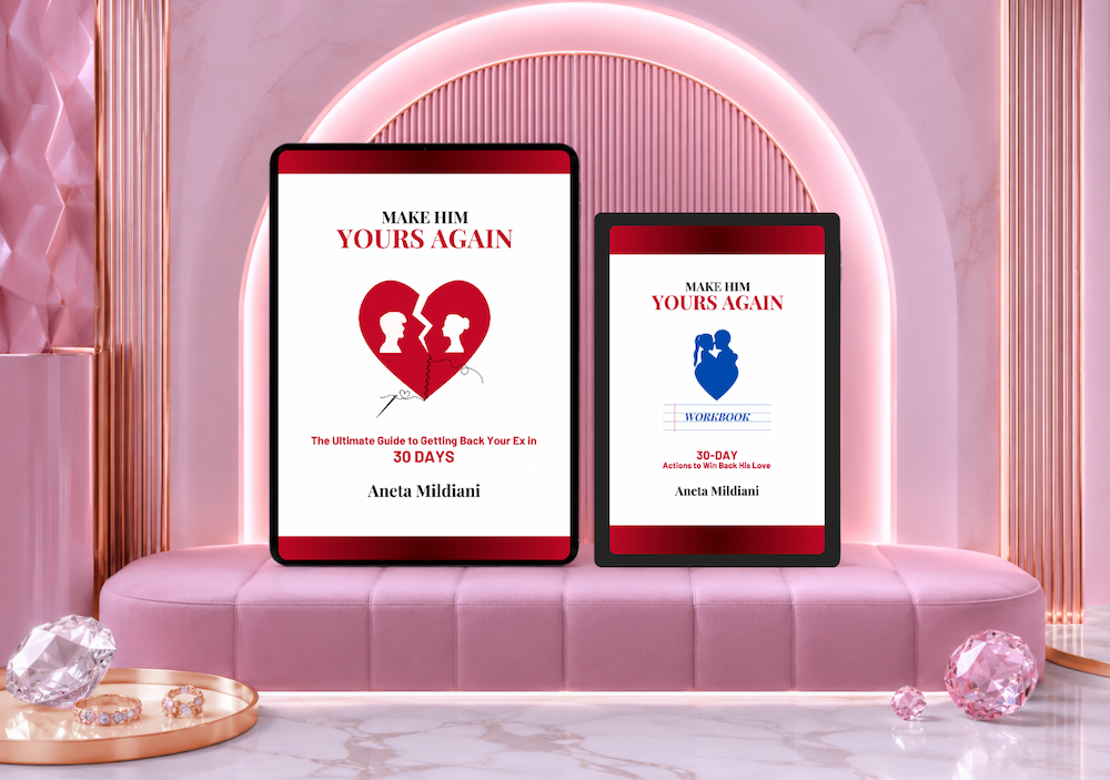 Ebook and workbook cover mockup on an exclusive pink background. Title: 'Make Him Yours Again'. Author: Aneta Mildiani.