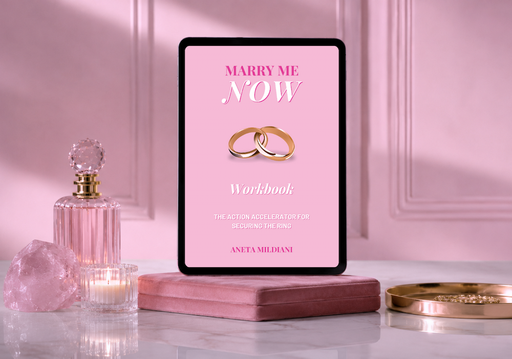 Workbook cover mockup on an exclusive pink background. Title: 'Marry Me Now'. Author: Aneta Mildiani. The ultimate resource for securing commitment and true love.