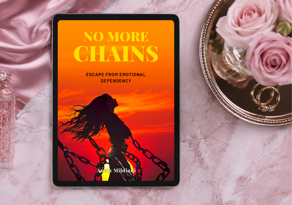 Ebook cover mockup on an exclusive pink background. Title: 'No More Chains'. Author: Aneta Mildiani.