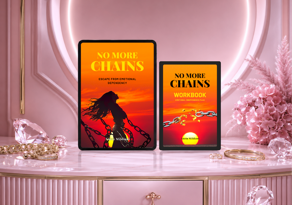 Ebook and workbook cover mockup on an exclusive pink background. Title: 'No More Chains'. Author: Aneta Mildiani.