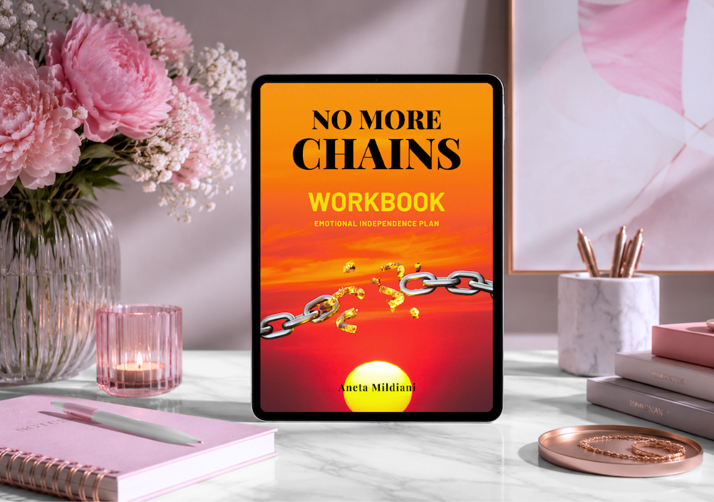 Workbook cover mockup on an exclusive pink background. Title: 'No More Chains'. Author: Aneta Mildiani.