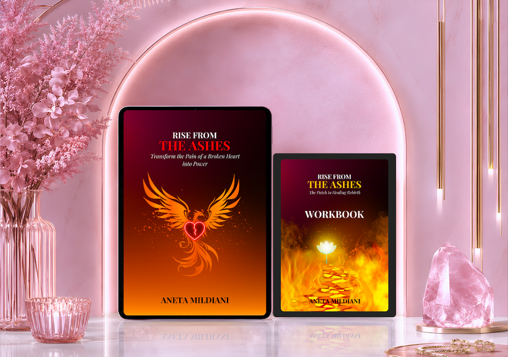 Ebook and workbook cover mockup on an exclusive pink background. Title: 'Rise from the Ashes'. Author: Aneta Mildiani. The definitive guide for women seeking serious love and commitment.
