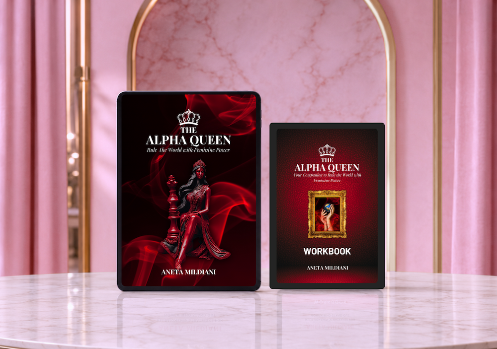 Ebook and workbook cover mockup on an exclusive pink background. Title: 'The Alpha Queen'. Author: Aneta Mildiani.
